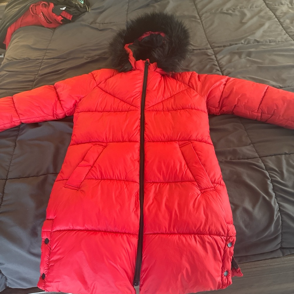 Primark Red Puffer Jacket with Black Fur Hood